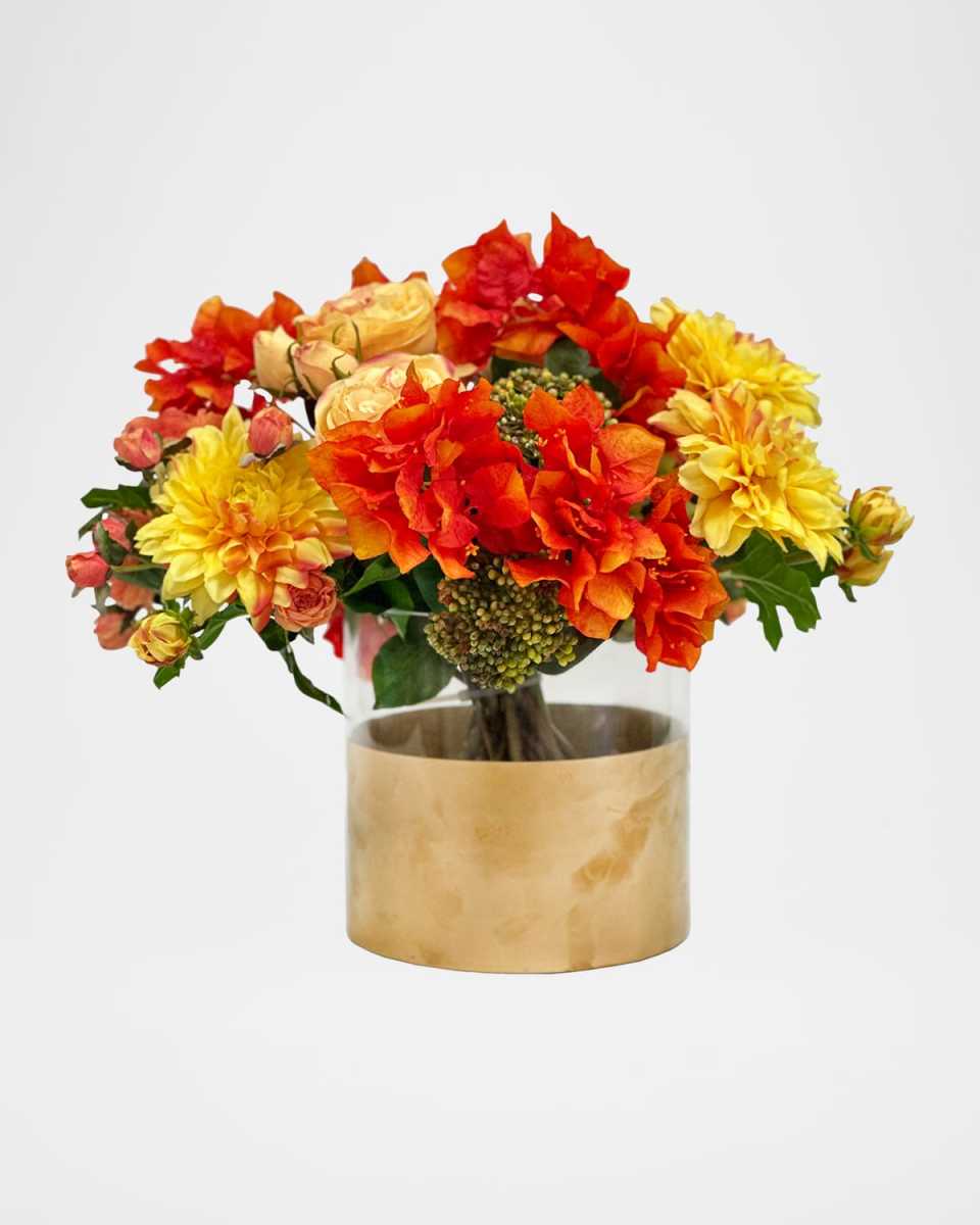 Dahlia Bougainvillea 15" Faux Floral Arrangement in Golden Cylinder